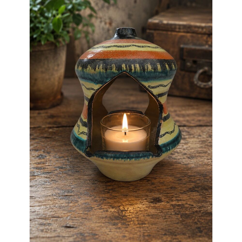Vintage Hand-Painted Italy Ceramic Terra Cotta Pottery Candle Holder Rustic 6.5"